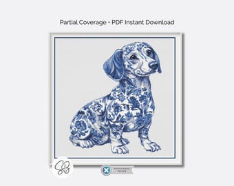 Schema per punto croce con bassotto blu di Delft, disegno per ricamo in ceramica con cane bassotto, conversione del filo interdentale