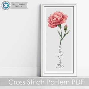 Personalized January Birth Month Flower Cross Stitch PDF Pattern, CUSTOM Carnation Birth Month Flower Art, New Baby Gift, Digital Download