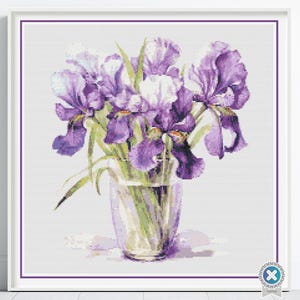 Punto de cruz de lirios holandeses, diseño de bordado de flores, bordado de lirios, elegante decoración floral morada, arte floral holandés, patrón floral digital