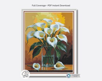 Schema punto croce Cala Lily, copertura completa, PDF floreale, Pattern Keeper, conversioni di filati