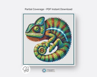 Chameleon Cross Stitch Pattern, Exotic Reptile Embroidery, Digital PDF Download, Floss Conversions