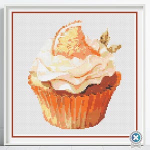 Padrão de ponto cruz de cupcake laranja feito à mão comida divertida guloseimas cítricas sobremesa padaria bordado decoração de cozinha arte design de presente gastronômico