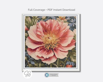 Schema punto croce fiore di peonia rosa William Morris, ricamo Art Nouveau, PDF, Pattern Keeper
