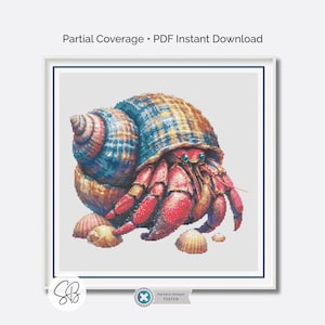 Hermit Crab Cross Stitch Pattern, Beach Embroidery, Sea Creatures Digital PDF Download, Floss Conversions