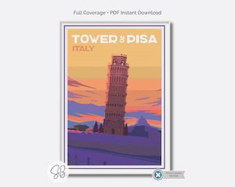 Schema per punto croce del poster di viaggio della Torre di Pisa, ricamo retrò italiano in PDF, conversioni di filati