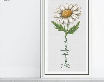 Personalized April Birth Month Flower Cross Stitch PDF Pattern, CUSTOM Daisy Birth Month Flower Art, New Baby Gift, Digital Download