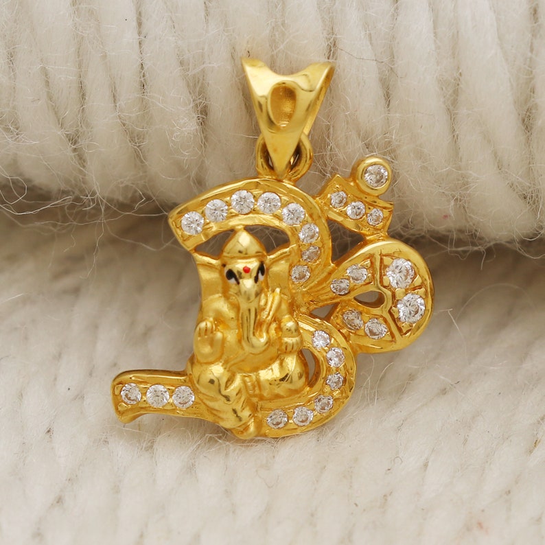 22k Yellow Genuine Gold Om With Lord Ganesha Pendant Or Locket Handmade 