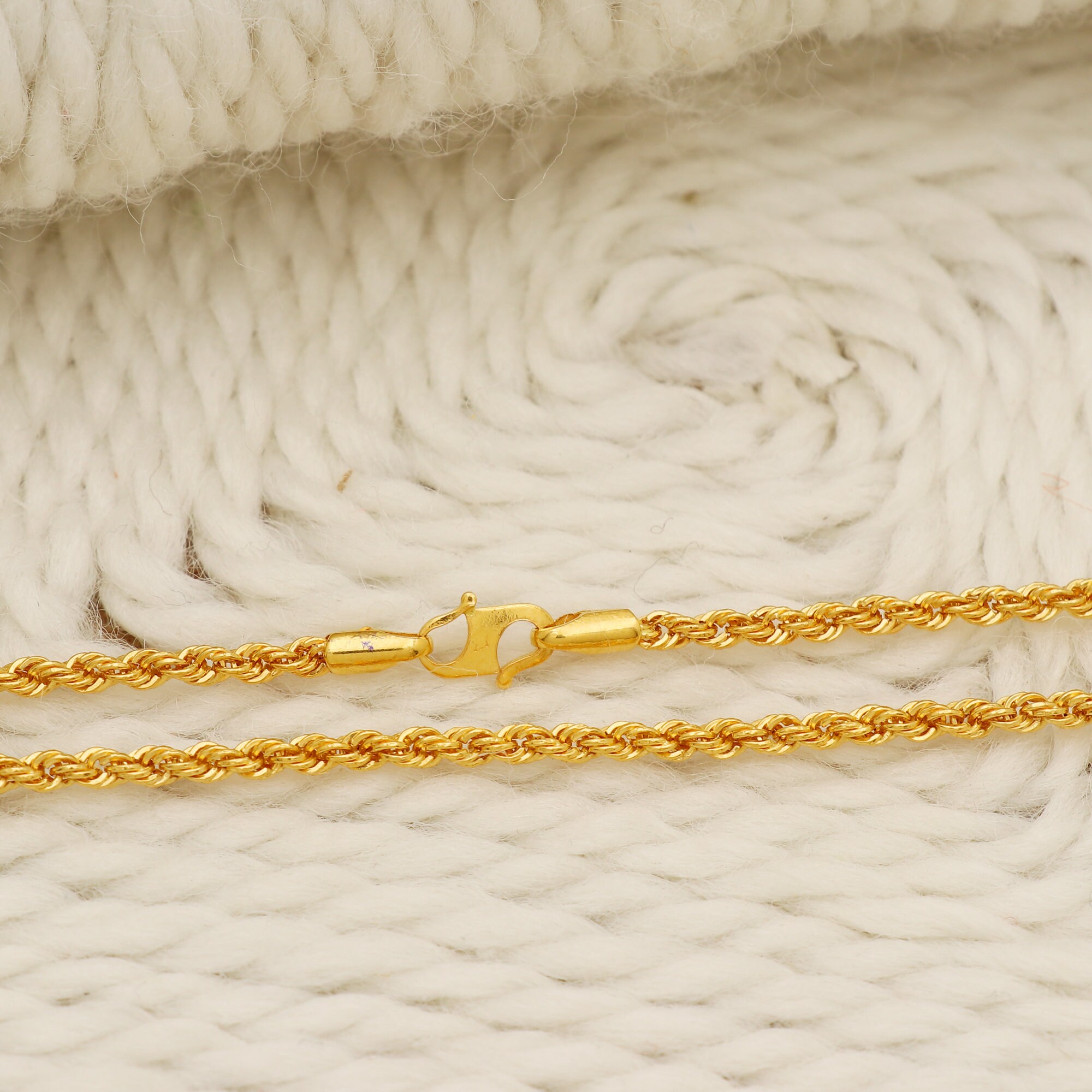 22K Solid Gold Rope Chain, 916 Hallmarked Yellow Gold Twisted Necklace ...