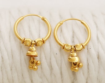 22k Solid Gold Jhumka Hoop Bali, BIS Hallmark Beaded Dangle Earrings, Traditional Indian Gold Jewelry, Wedding Gold Hoops, OS2307