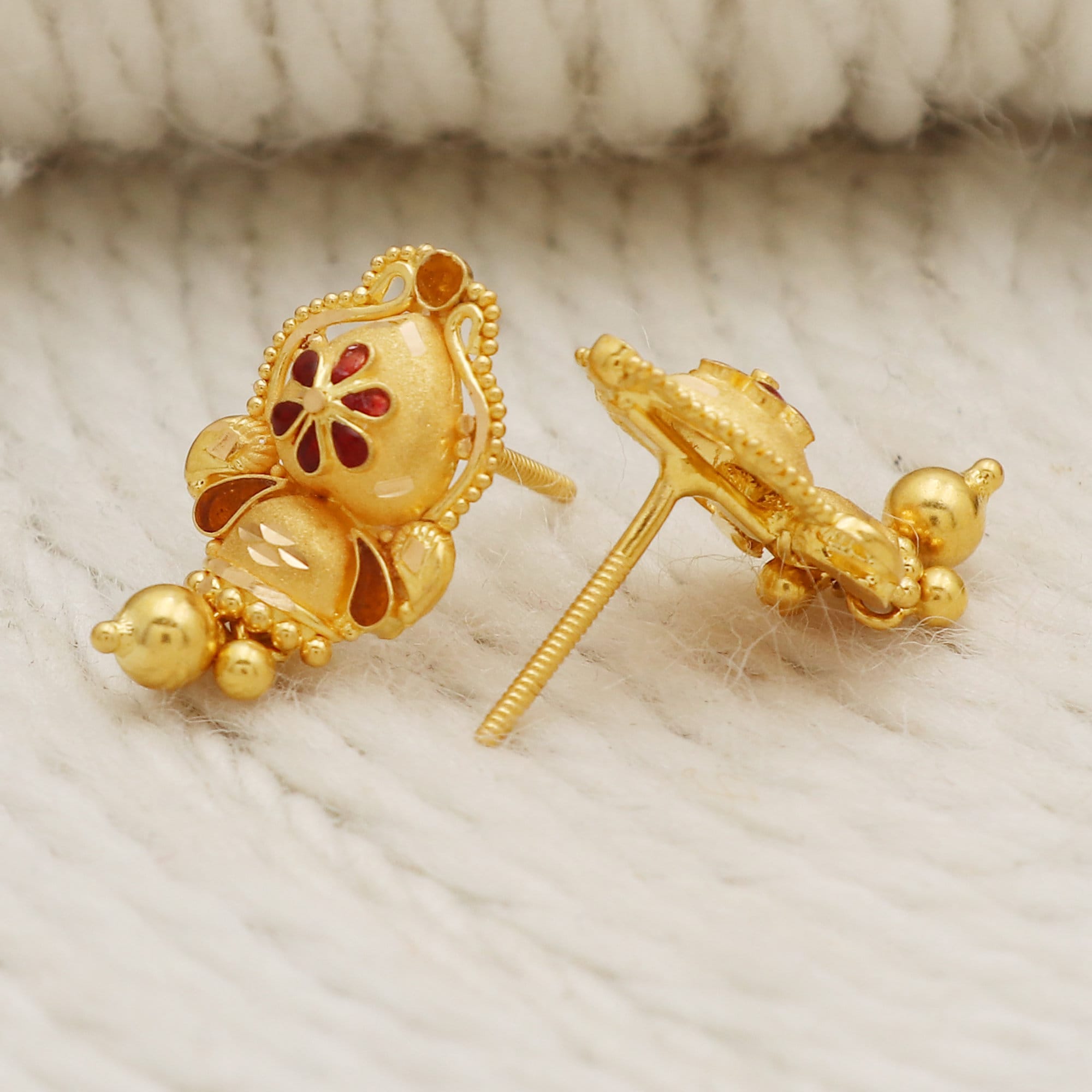22K Yellow Gold Dangle Earrings, Indian Handmade Jhumka