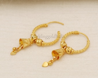 fine 22k gold well crafted dangling hoop earrings handmade gold jewelry, OOS3201
