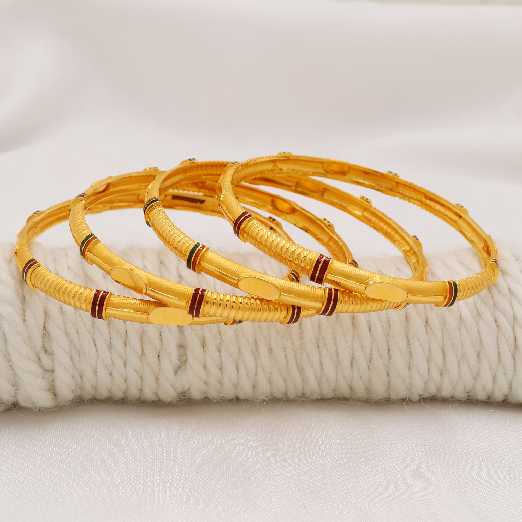 22K Solid Gold Bangles Set, 916 Hallmarked Yellow Gold Meenakari