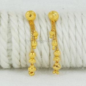 22k yellow gold dangling earrings handmade jewelry for gift, Indian solid gold 22k916 jewels, OS3604