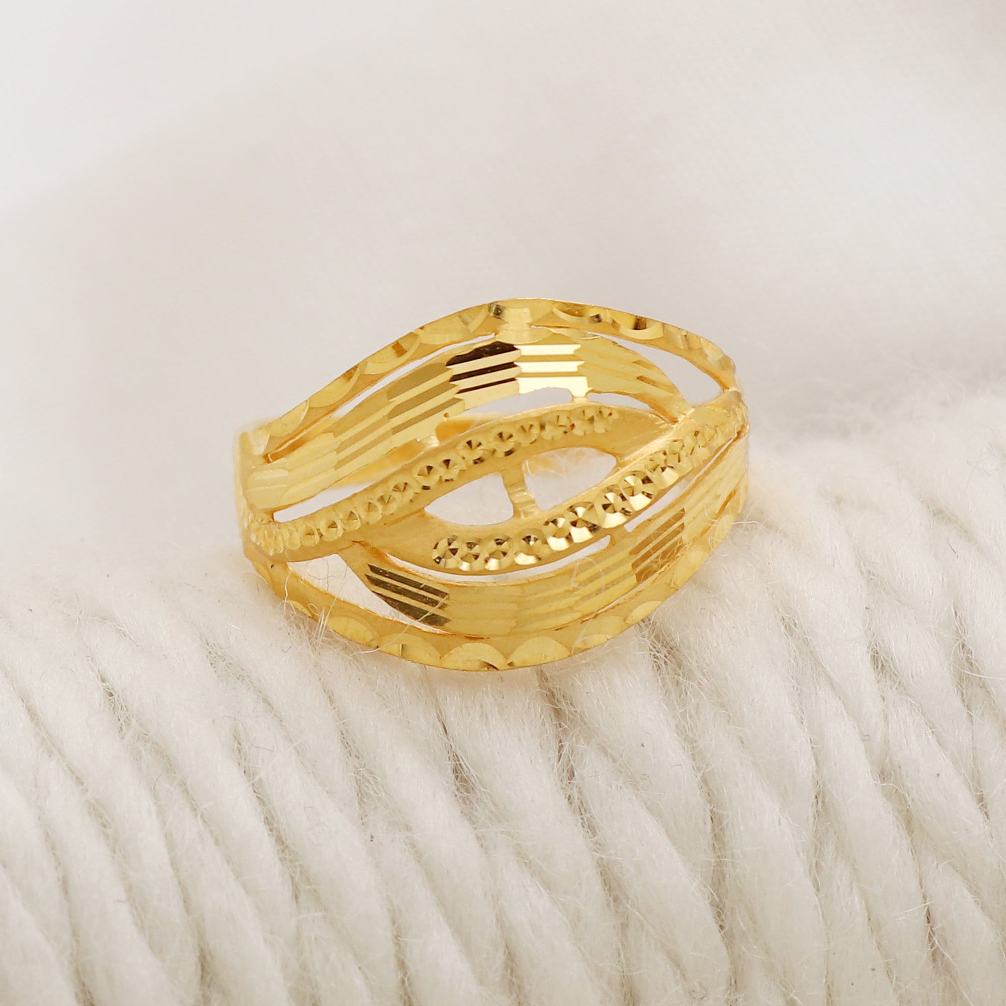 22k Yellow Gold Statement Ring With a Wave Pattern Indian Handmade