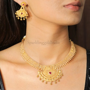 22k designer indian necklace set with earring , handmade vintage wedding necklace set , gift for her OS3517