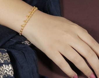 Pulseira delicada e elegante com contas de ouro amarelo 22k, joia artesanal para casamento, OOS2630