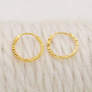 Könnte beinhalten: Ein Paar goldene Creolen mit einem strukturierten Design. Die Ohrringe sind klein und zart.