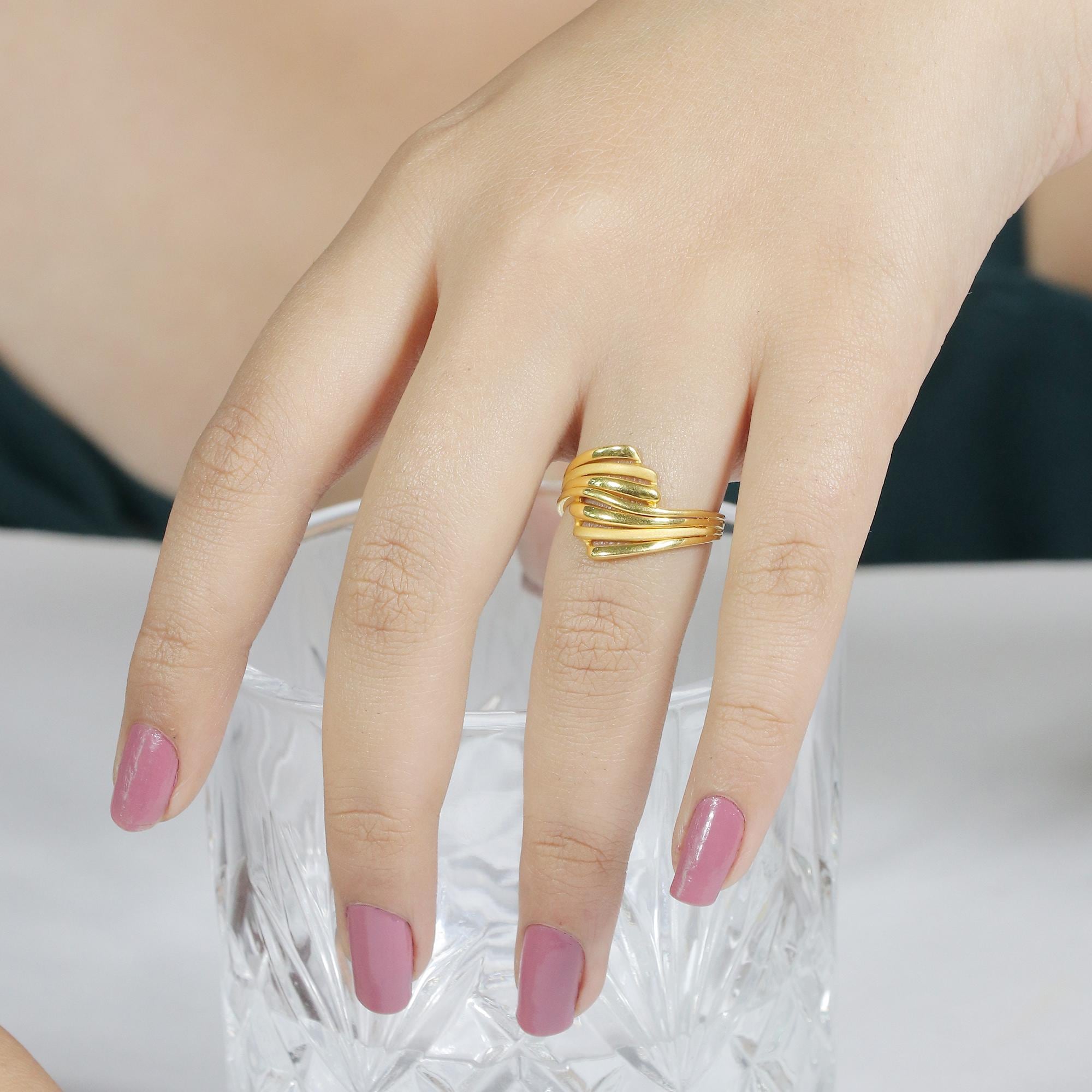 22kt Yellow Gold Multi-layer Wave Ring, Pure Gold Band for Women