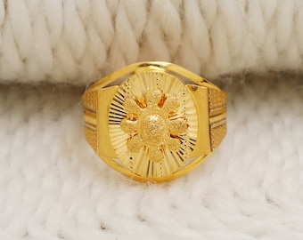 Anillo de sello para hombre de oro macizo de 22 quilates, anillo floral de oro amarillo 916 con sello de autenticidad, anillo llamativo de oro auténtico de 22 quilates para él.