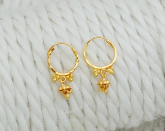 18k Gold Earrings, Solid Gold Handmade Women Jewelry, Indian, Gift, Real Gold, handcrafted Vintage Gold Hoop Earrings Xmas Gift