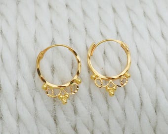 18k Gold Earrings, Solid Gold Handmade Women Jewelry, Indian, Gift, Real Gold, handcrafted Vintage Gold Hoop Earrings