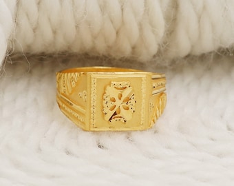Anillo de sello para hombre de oro macizo de 22 quilates, anillo de oro amarillo 916 con diseño floral, anillo llamativo de oro auténtico de 22 quilates para él.