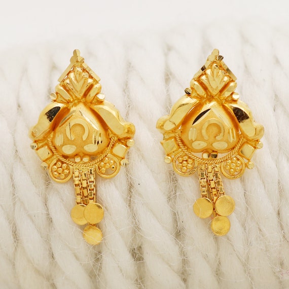 22k Yellow Gold Dangle Stud Earrings Handmade Jewelry for