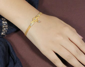 Pulseira de corrente em ouro amarelo 22k, joia artesanal feminina. Lindo presente para mulheres, joia indiana em ouro 22k.