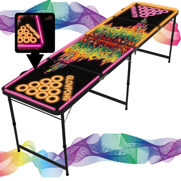 LED Beer-Pong Tisch "Space Lava" | Bier-Pong Tisch in 3 Leuchtvarianten Orange + Pink | inkl. 6 Bälle | schwarzes Spieltisch Gestell