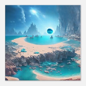 Neptune Rising - original art by Alina Imperato, unique, blue, turquoise, celestial beach scene, digital art canvas - Large