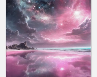 Stellar Reflections- original art by Alina Imperato, unique, pink, grey, celestial beach scene, digital art canvas - Medium