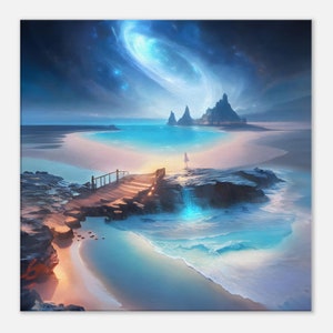 Shores of Titan - original art by Alina Imperato, unique, blue, turquoise, celestial beach scene, digital art canvas - Large