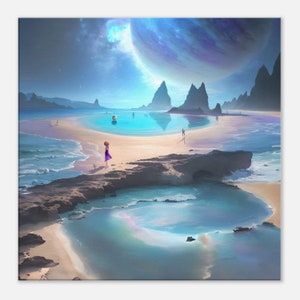 Pandoras Playground- original art by Alina Imperato, unique, blue, turquoise, celestial beach scene, digital art canvas - Large