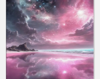 Stellar Reflections- original art by Alina Imperato, unique, pink, grey, celestial beach scene, digital art canvas - Small