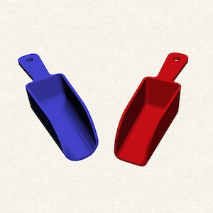 May include: Two plastic scoops, one blue and one red. The scoops are designed for scooping small amounts of material.