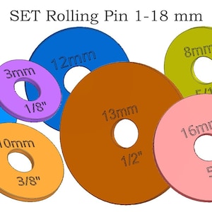 May include: Set of 10 colorful rolling pins in various sizes, ranging from 2mm to 18mm. The rolling pins are labeled with both millimeters and inches.