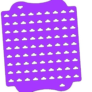 Op de afbeelding: Een paarse achtergrond met een wit wolkenpatroon. De wolken zijn gerangschikt in een rasterpatroon.