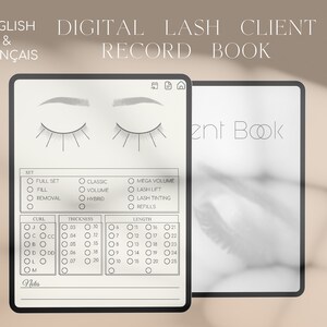 Puede incluir: Un libro de registro digital para clientes de pestañas con fondo blanco y texto negro. El libro incluye secciones para el tipo de set, la curvatura, el grosor, la longitud y las notas. El libro también incluye un gráfico de un ojo con pestañas.