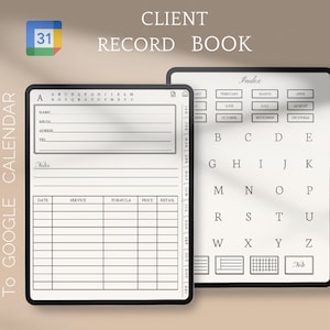 Puede incluir: Un planificador digital en blanco y negro con el texto "CLIENT RECORD BOOK" en la parte superior. La página izquierda tiene una sección para la información del cliente y una tabla para registrar los servicios, las fórmulas, los precios y la venta al por menor. La página derecha tiene un índice con los meses del año y el alfabeto.