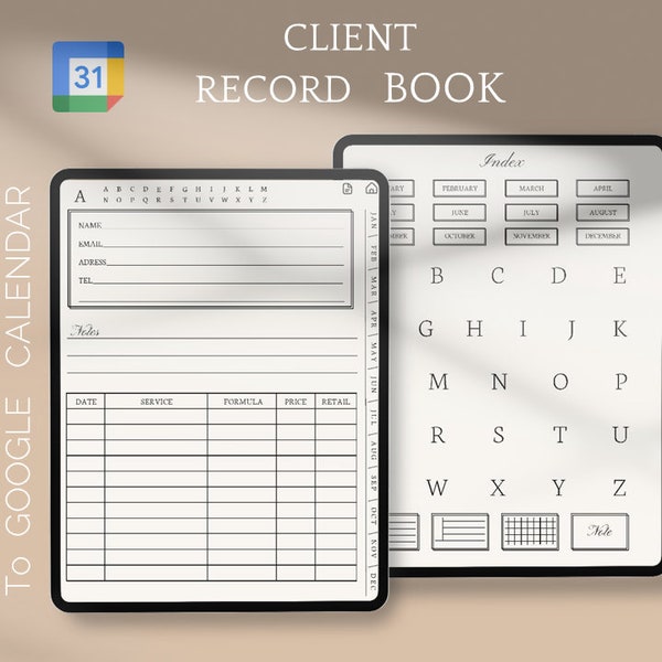 Registre des clients - Planificateur de rendez-vous - Avec des liens vers Google Calendar & Events - Goodnotes du dossier client numérique -Notability-Client Note