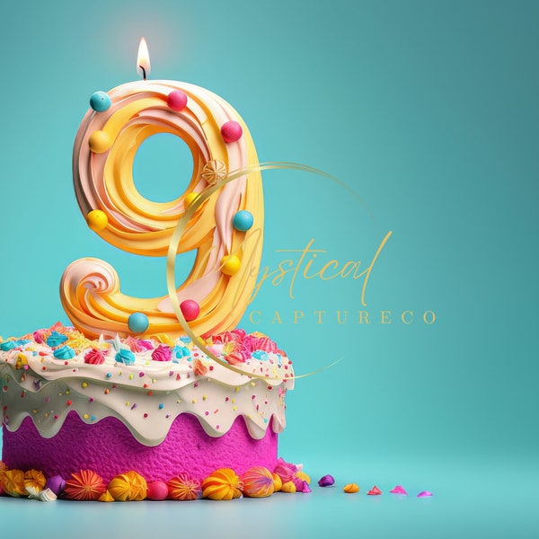 Prop de photographie de toile de fond numérique anniversaire composite : superposition de Photoshop pour garçon et fille, numéro de gâteau 9
