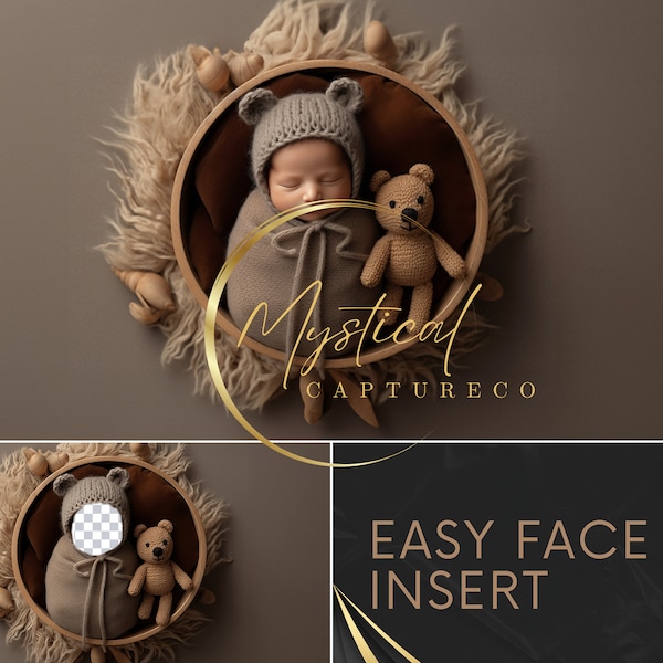 Toile de fond numérique pour nouveau-né : composite avec trou pour le visage et insert de visage marron transparent png