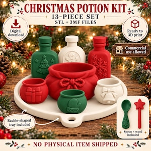 May include: A 13-piece Christmas potion kit digital download featuring 3D printable files. The set includes bottles, cauldrons, a bauble-shaped tray, a spoon, and a wand, all decorated with festive motifs like gingerbread men, trees, and snowflakes.