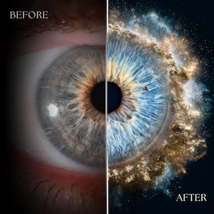 Retrato personalizado de iris cósmico: halo de energía dorada (archivo PNG digital)