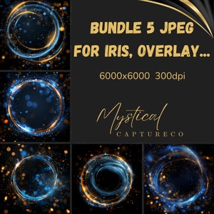 May include: A set of five digital overlays featuring glowing blue and gold circles with sparkling effects. The overlays are perfect for adding a magical touch to photos and videos. The text "Bundle 5 JPEG for Iris, Overlay... 6000x6000 300dpi Mystical Captureco" is displayed on a black background.
