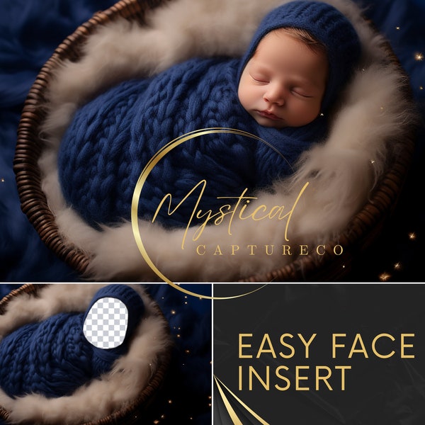 Toile de fond numérique nouveau-né : Composite avec trou pour le visage et insert de visage bleu transparent png