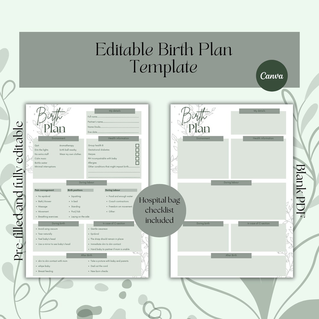 Birth Plan Template Csection Birth Plan Printable Birthing Etsy