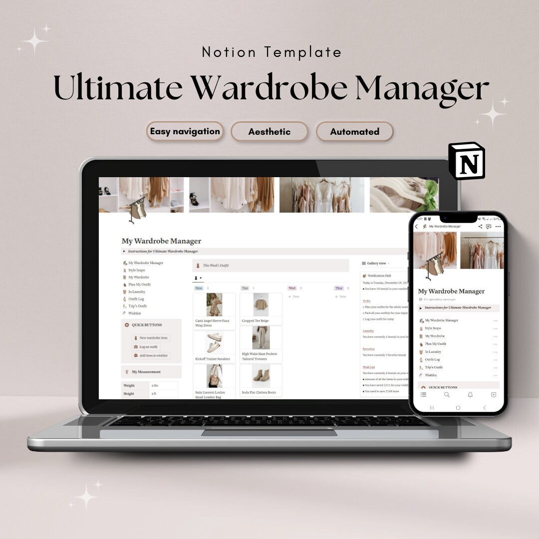 Wardrobe Notion Planner, Wardrobe Manager, Notion Dashboard, Outfit
