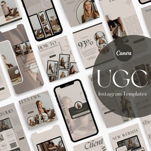 Op de afbeelding: Een verzameling Instagram-sjablonen voor social media marketing. De sjablonen hebben een neutrale kleurenpalet van beige en bruin met tekstoverlays. De tekst bevat zinnen zoals "Hoe om te", "Laten we praten", "Vraag me alles", "Klant", "Nieuwe website", "Boek nu", "UGC" en "Instagram-sjablonen".