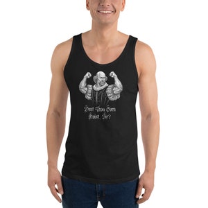 Op de afbeelding: Zwart mouwloos shirt met een zwart-witte afbeelding van William Shakespeare die zijn biceps spant. De illustratie bevat de tekst "Dost Thou Even Hoist, Sir?"